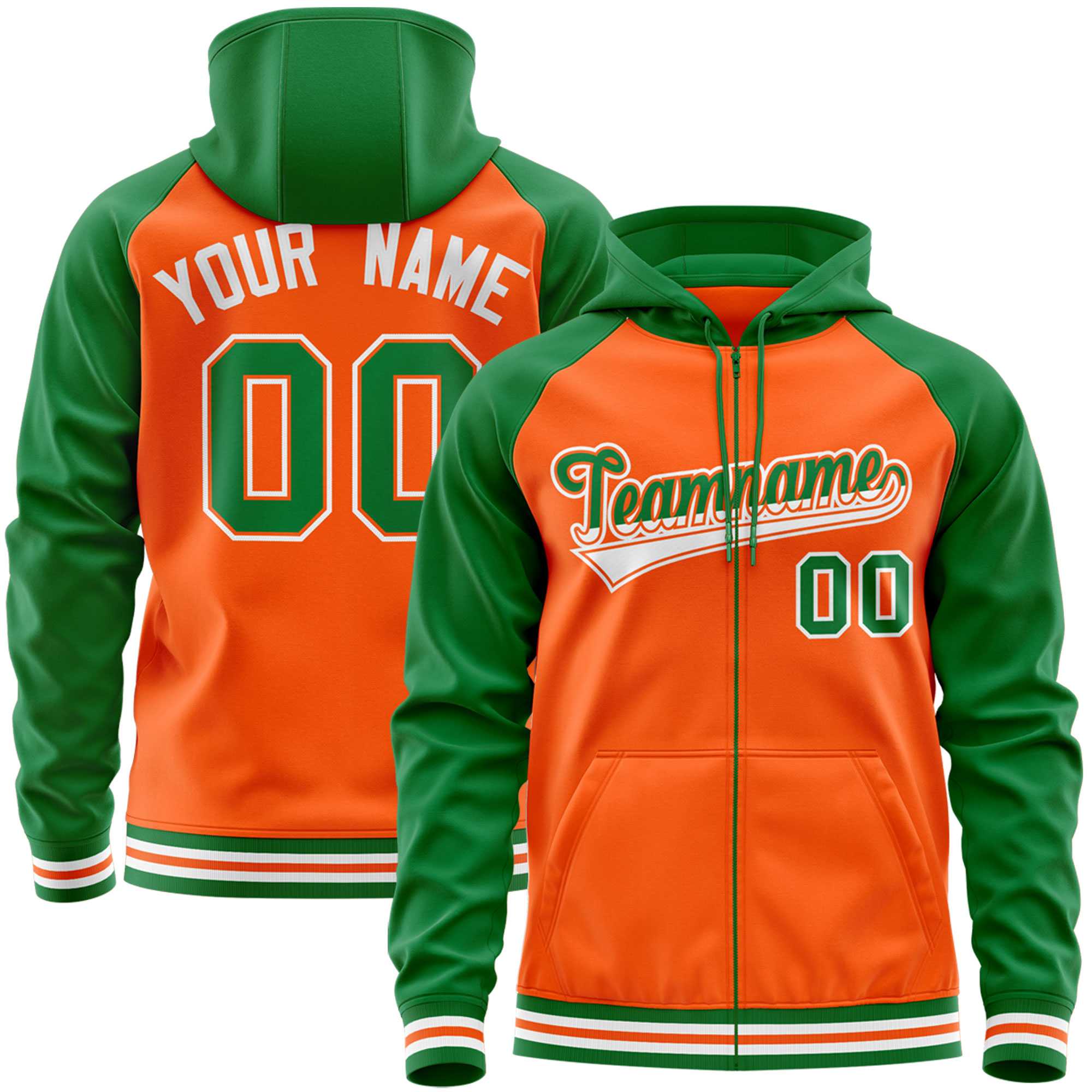 Custom Stitched Orange Kelly Green Raglan Sleeves Sports Full-Zip Sweatshirt Hoodie| KXKSHOP