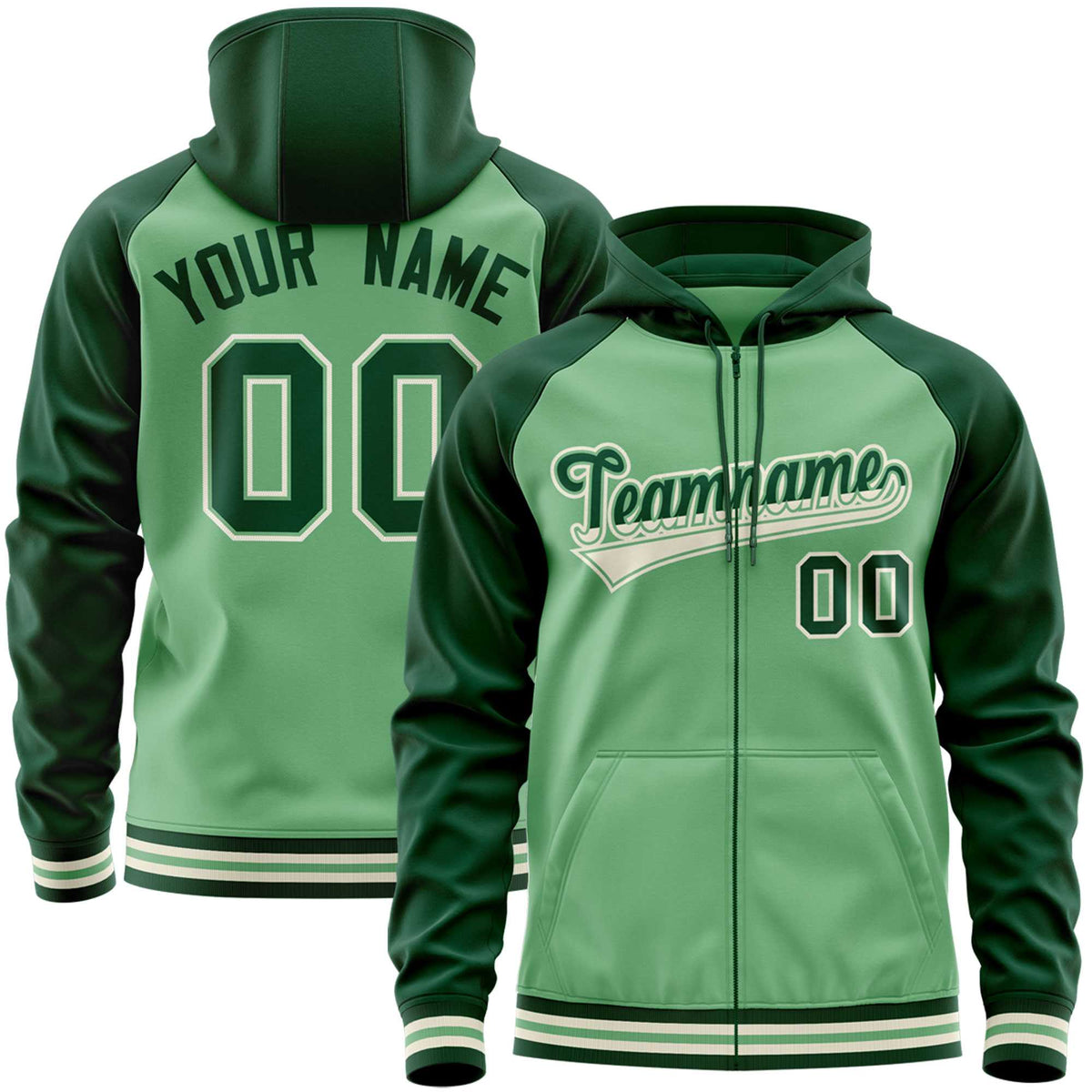 Custom Stitched Green Raglan Sleeves Sports Full-Zip Sweatshirt Hoodie| KXKSHOP