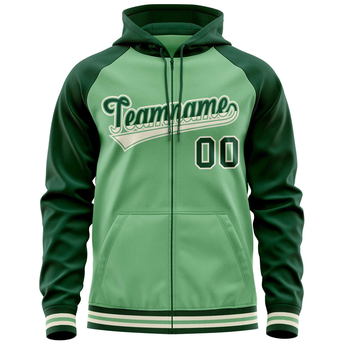 Custom Stitched Green Raglan Sleeves Sports Full-Zip Sweatshirt Hoodie| KXKSHOP
