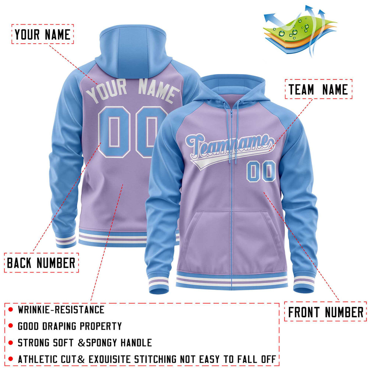Custom Stitched Light Purple Powder Blue Raglan Sleeves Sports Full-Zip Sweatshirt Hoodie| KXKSHOP