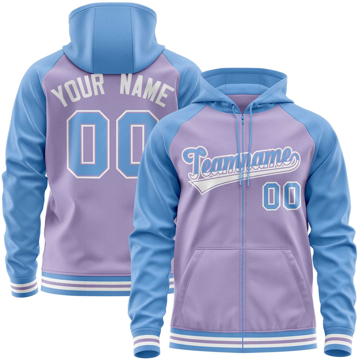 Custom Stitched Light Purple Powder Blue Raglan Sleeves Sports Full-Zip Sweatshirt Hoodie| KXKSHOP