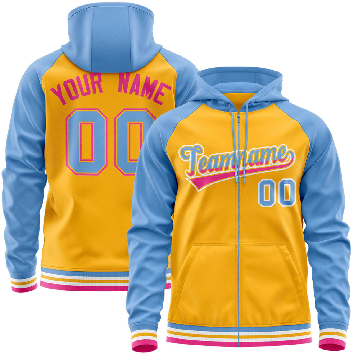 Custom Stitched Yellow Powder Blue Raglan Sleeves Sports Full-Zip Sweatshirt Hoodie| KXKSHOP