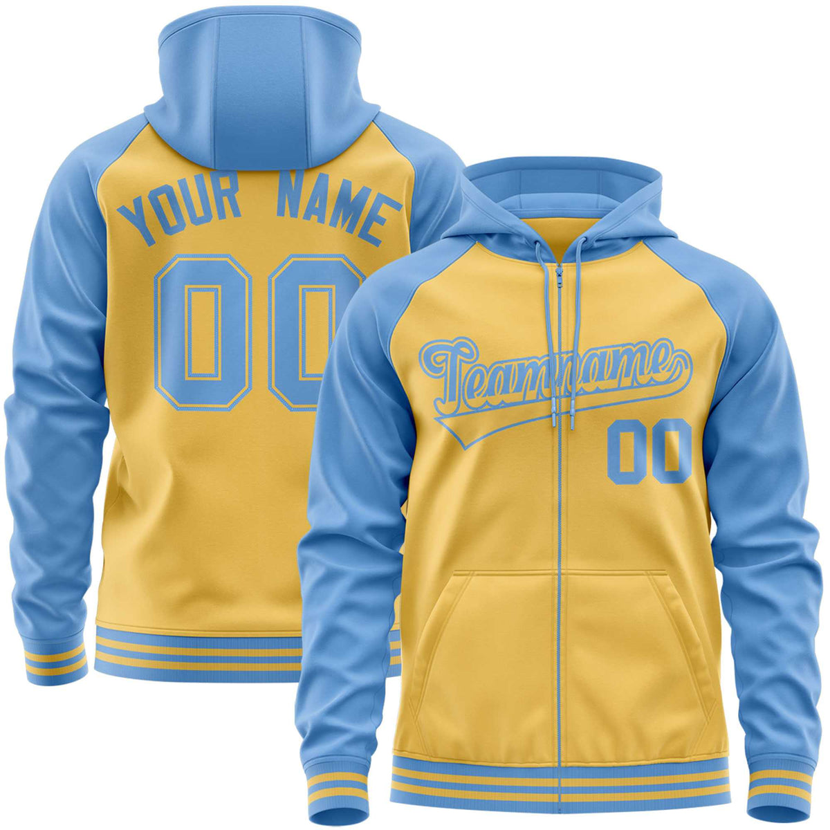 Custom Stitched Yellow Powder Blue Raglan Sleeves Sports Full-Zip Sweatshirt Hoodie| KXKSHOP