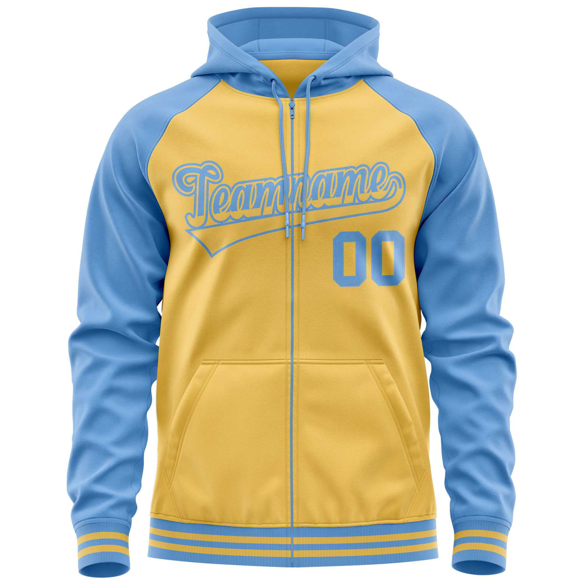Custom Stitched Yellow Powder Blue Raglan Sleeves Sports Full-Zip Sweatshirt Hoodie| KXKSHOP