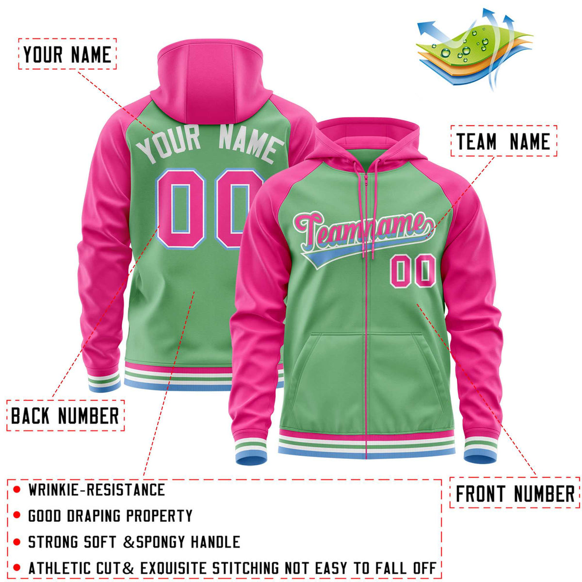 Custom Stitched Green Pink Raglan Sleeves Sports Full-Zip Sweatshirt Hoodie| KXKSHOP