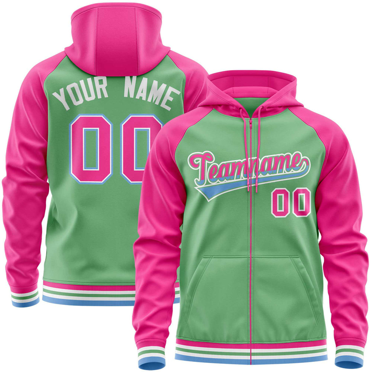 Custom Stitched Green Pink Raglan Sleeves Sports Full-Zip Sweatshirt Hoodie| KXKSHOP