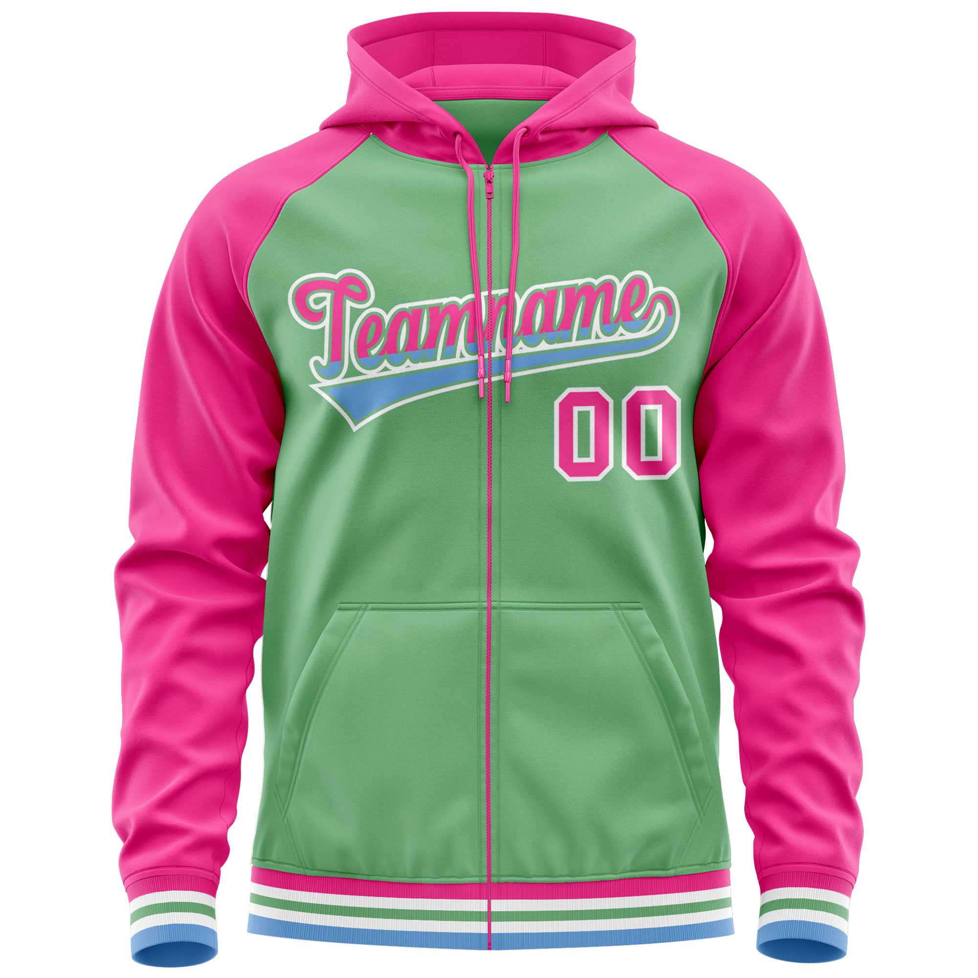 Custom Stitched Green Pink Raglan Sleeves Sports Full-Zip Sweatshirt Hoodie| KXKSHOP