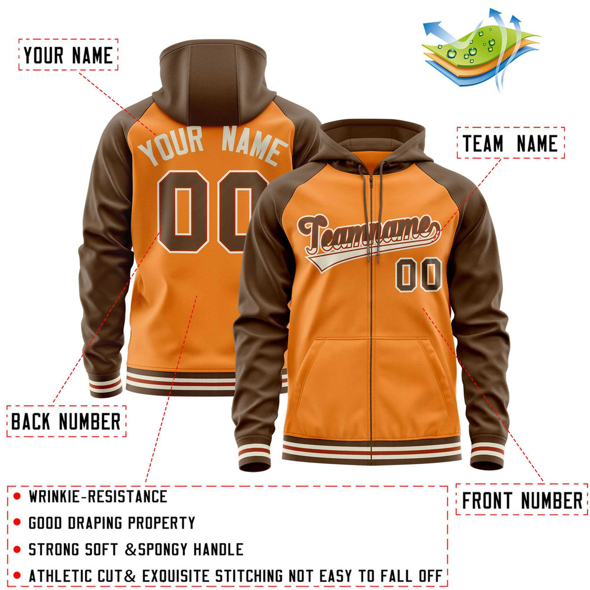 Custom Stitched Light Orange Light Brown Raglan Sleeves Sports Full-Zip Sweatshirt Hoodie| KXKSHOP
