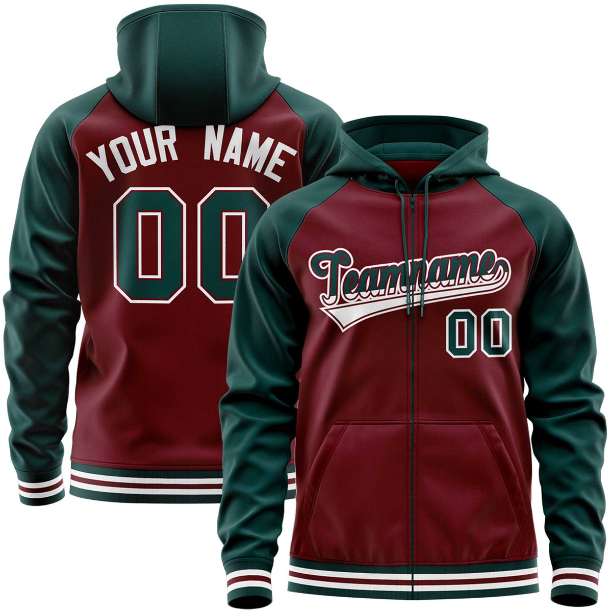 Custom Stitched Crimson Midnight Green Raglan Sleeves Sports Full-Zip Sweatshirt Hoodie| KXKSHOP