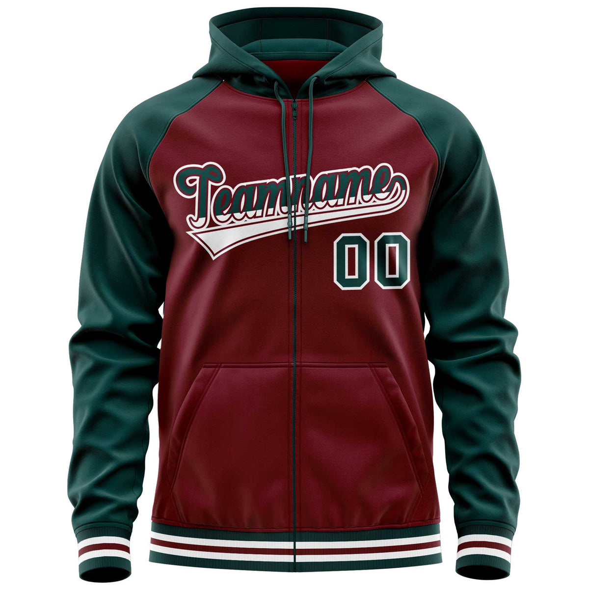 Custom Stitched Crimson Midnight Green Raglan Sleeves Sports Full-Zip Sweatshirt Hoodie| KXKSHOP