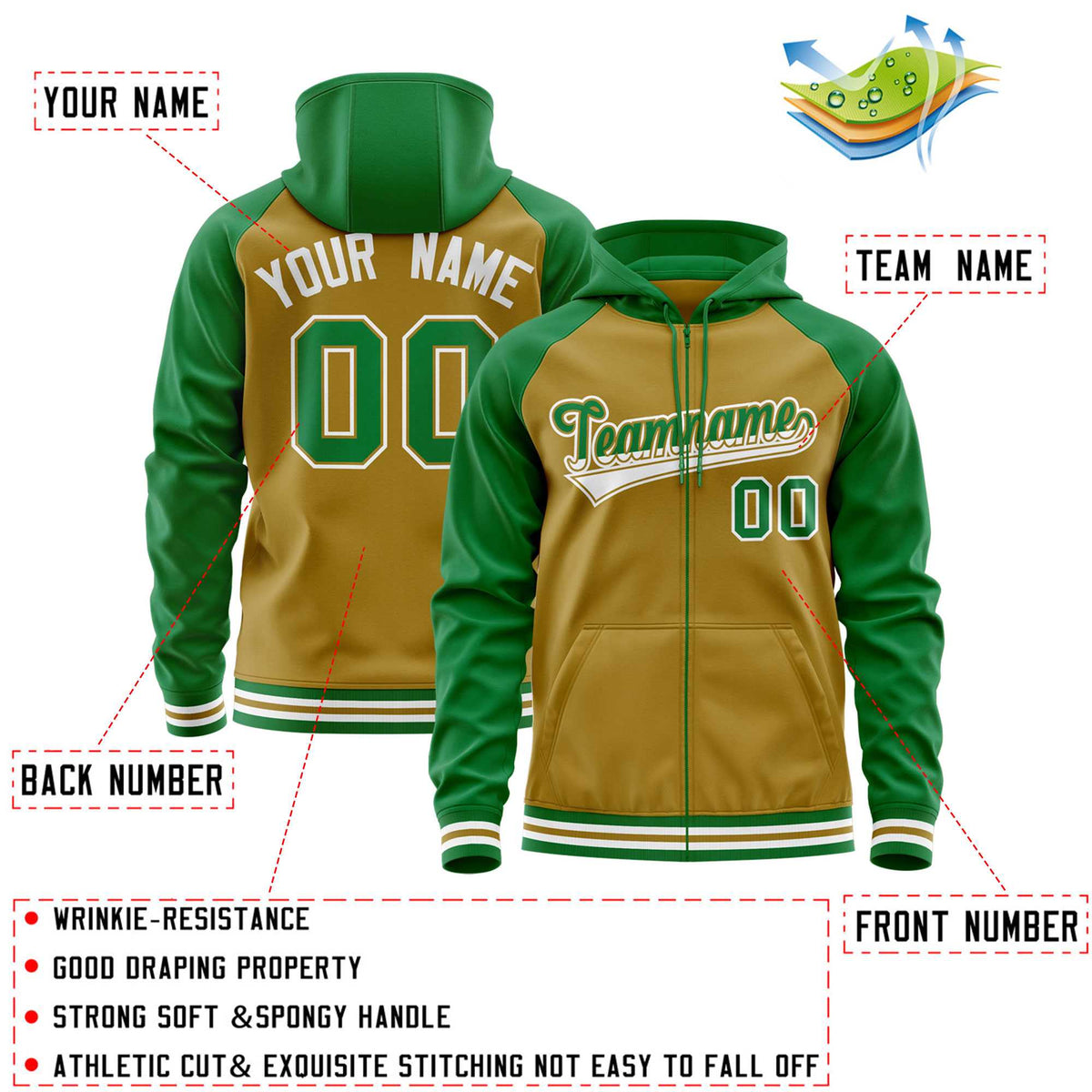 Custom Stitched Old Gold Kelly Green Raglan Sleeves Sports Full-Zip Sweatshirt Hoodie| KXKSHOP