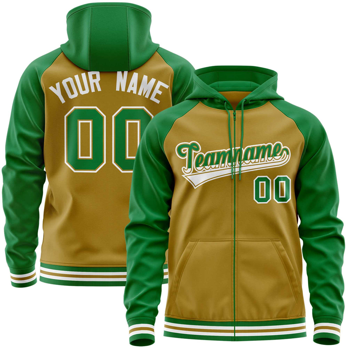Custom Stitched Old Gold Kelly Green Raglan Sleeves Sports Full-Zip Sweatshirt Hoodie| KXKSHOP