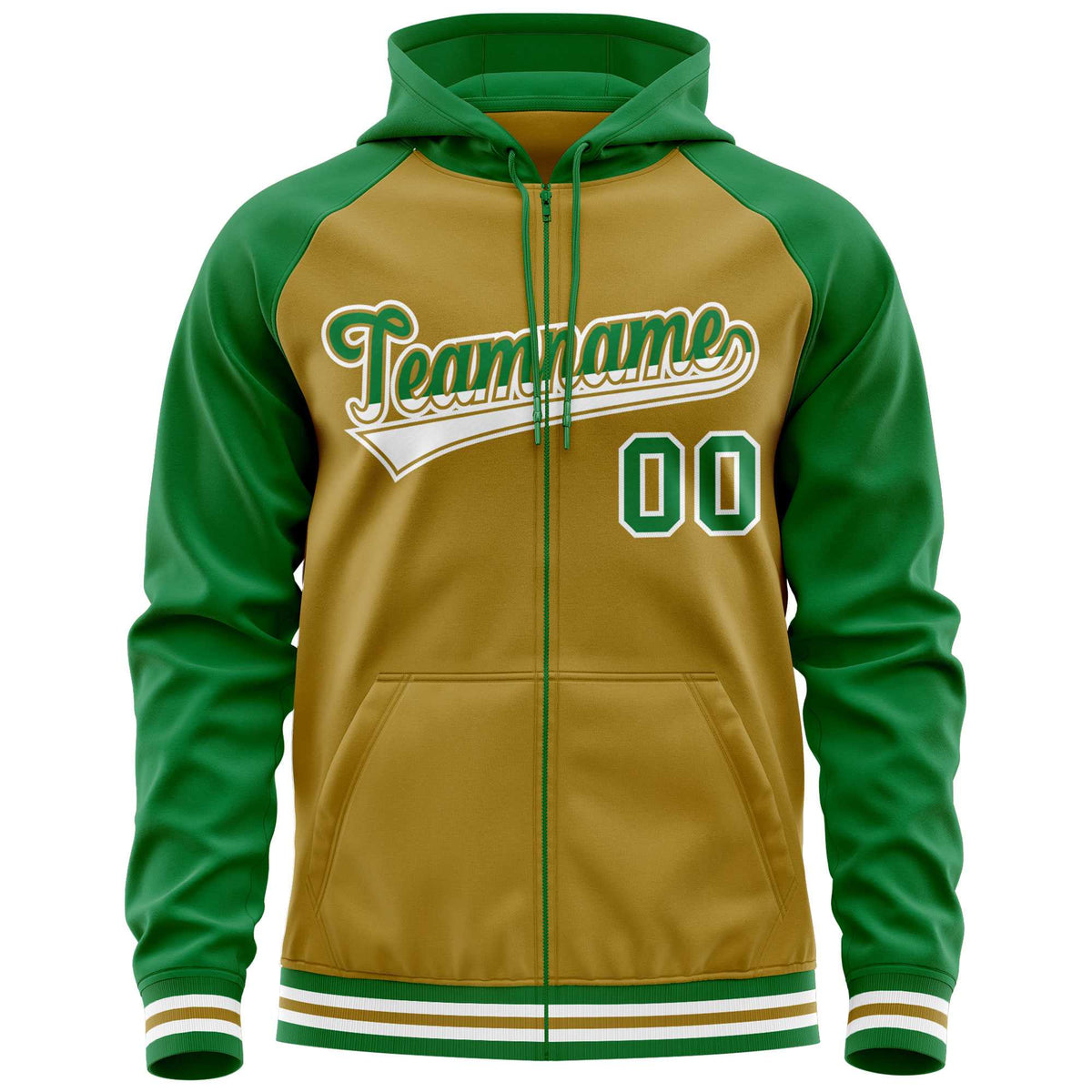 Custom Stitched Old Gold Kelly Green Raglan Sleeves Sports Full-Zip Sweatshirt Hoodie| KXKSHOP