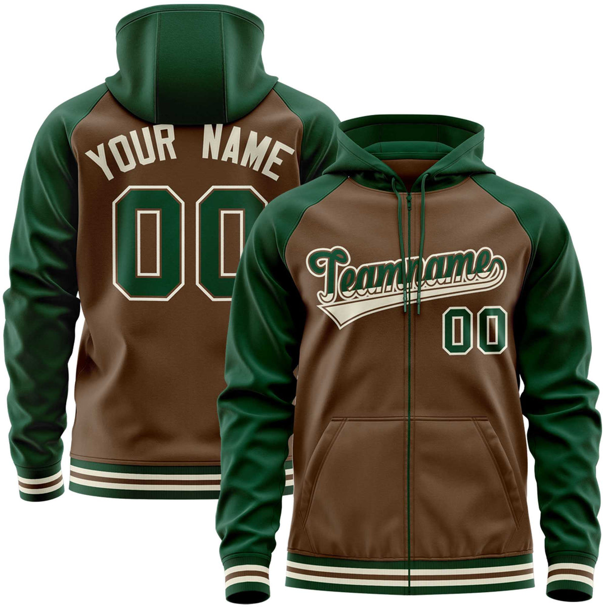 Custom Stitched Light Brown Green Raglan Sleeves Sports Full-Zip Sweatshirt Hoodie| KXKSHOP