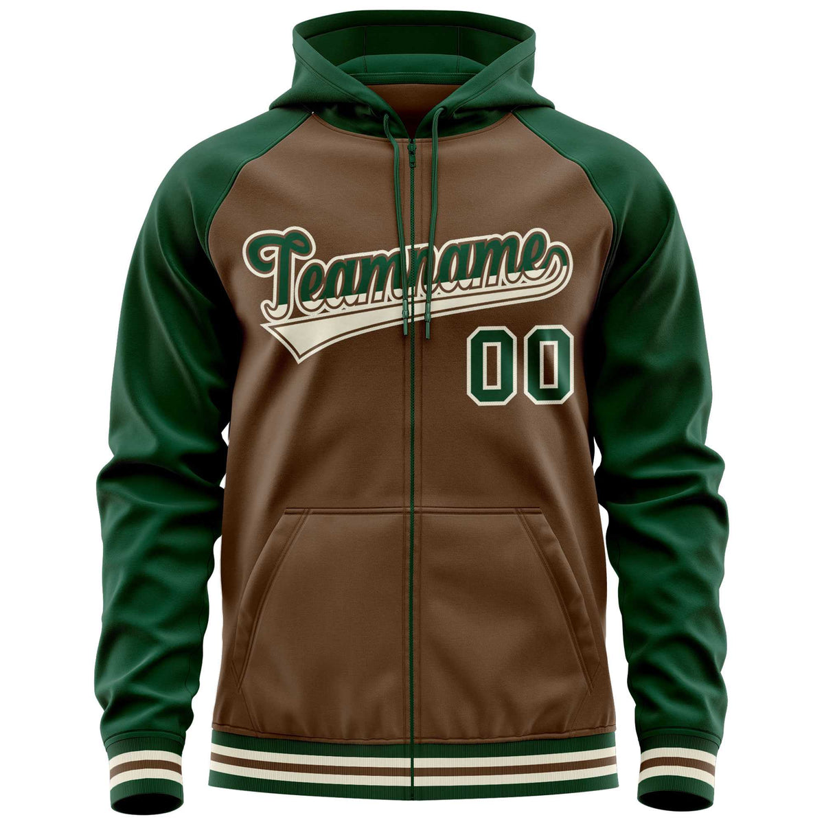 Custom Stitched Light Brown Green Raglan Sleeves Sports Full-Zip Sweatshirt Hoodie| KXKSHOP