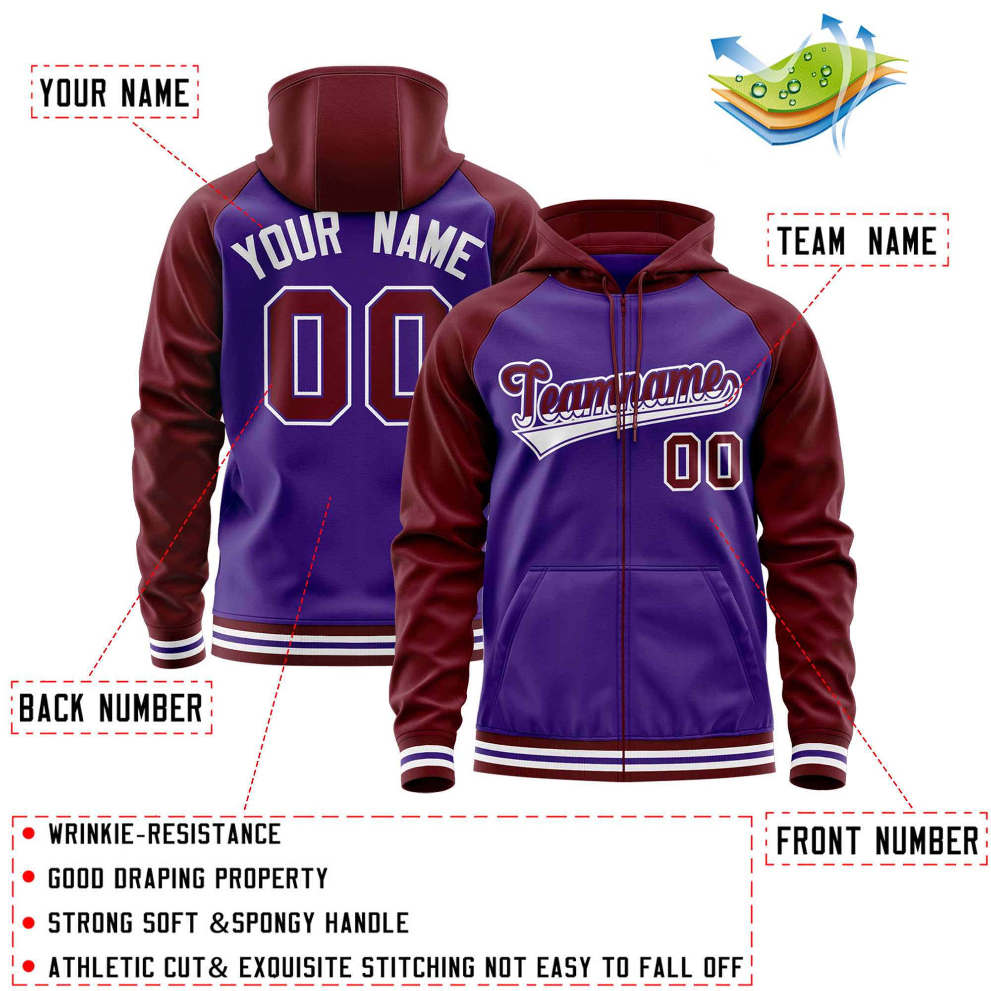 Custom Stitched Purple Crimson Raglan Sleeves Sports Full-Zip Sweatshirt Hoodie| KXKSHOP