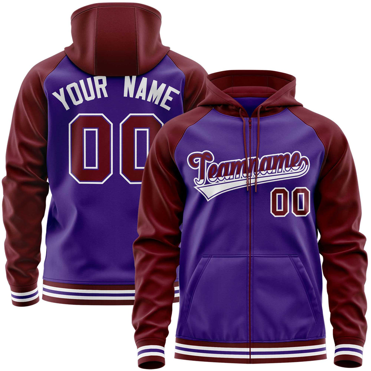 Custom Stitched Purple Crimson Raglan Sleeves Sports Full-Zip Sweatshirt Hoodie| KXKSHOP