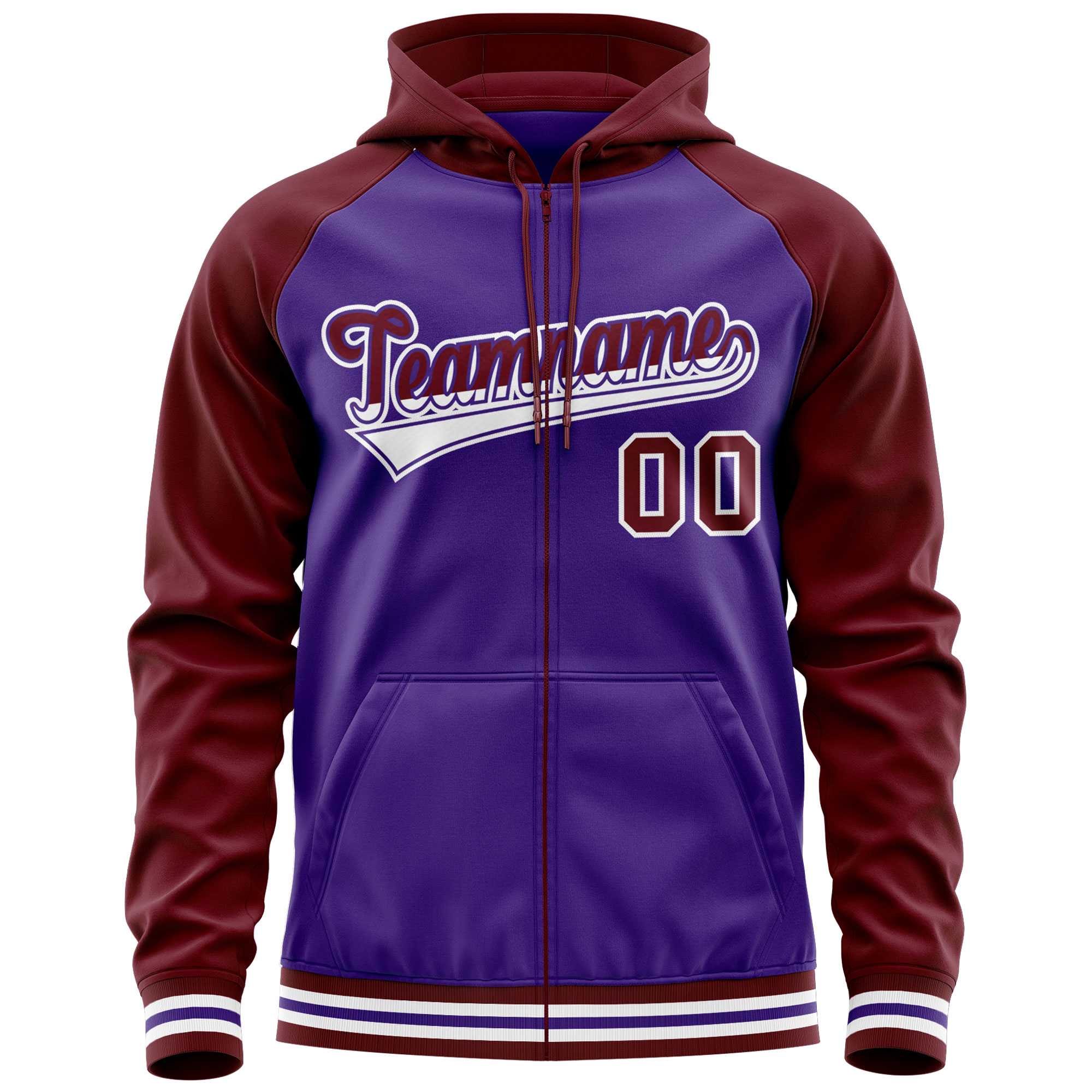 Custom Stitched Purple Crimson Raglan Sleeves Sports Full-Zip Sweatshirt Hoodie| KXKSHOP