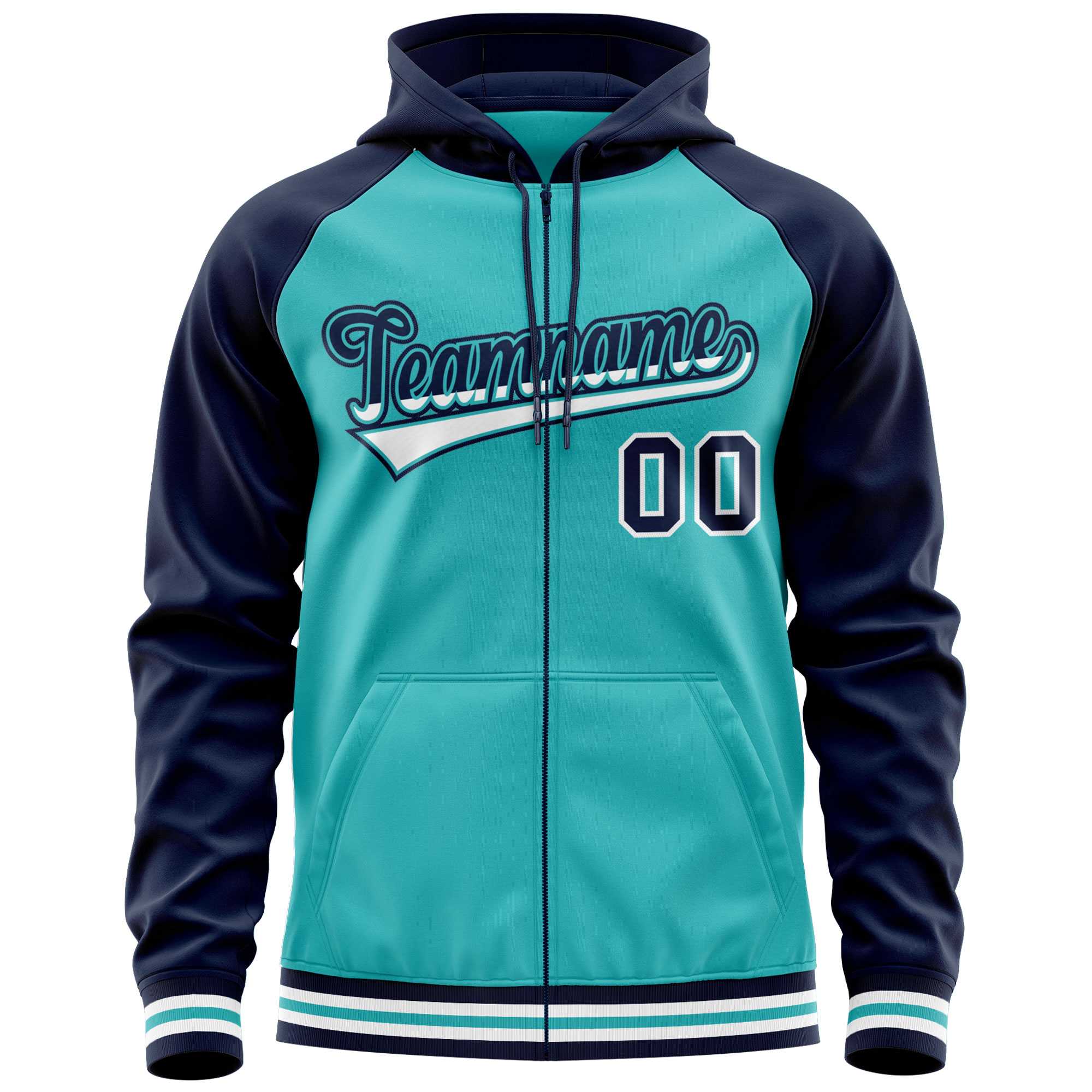 Custom Stitched Aqua Navy Raglan Sleeves Sports Full-Zip Sweatshirt Hoodie| KXKSHOP
