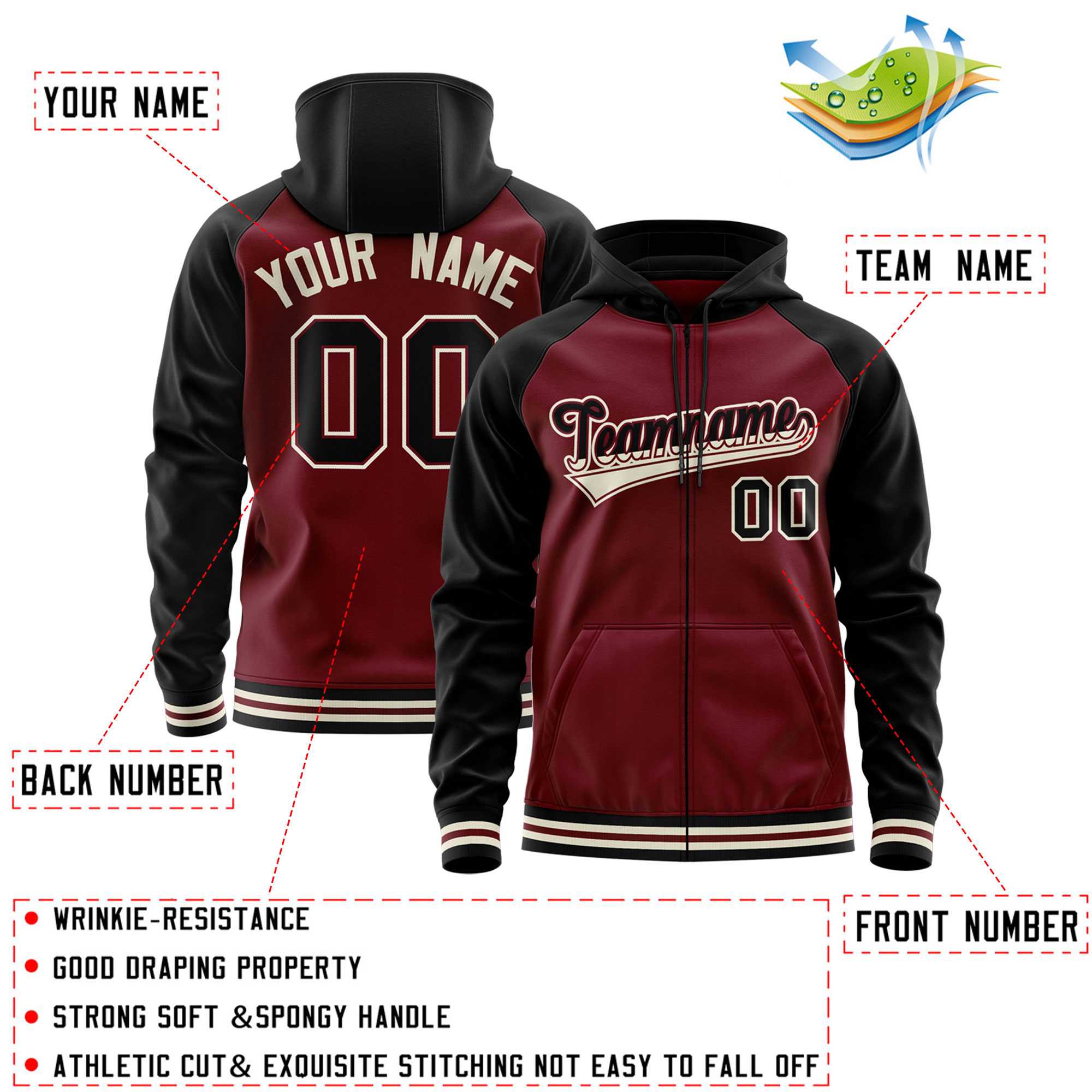 Custom Stitched Crimson Black Raglan Sleeves Sports Full-Zip Sweatshirt Hoodie| KXKSHOP