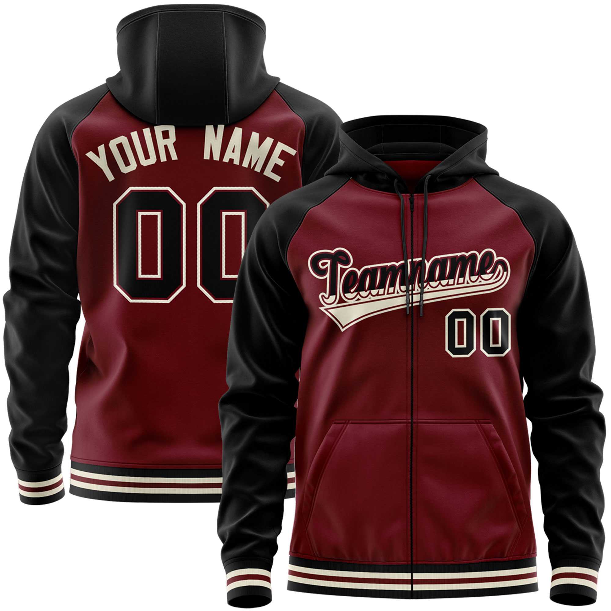 Custom Stitched Crimson Black Raglan Sleeves Sports Full-Zip Sweatshirt Hoodie| KXKSHOP