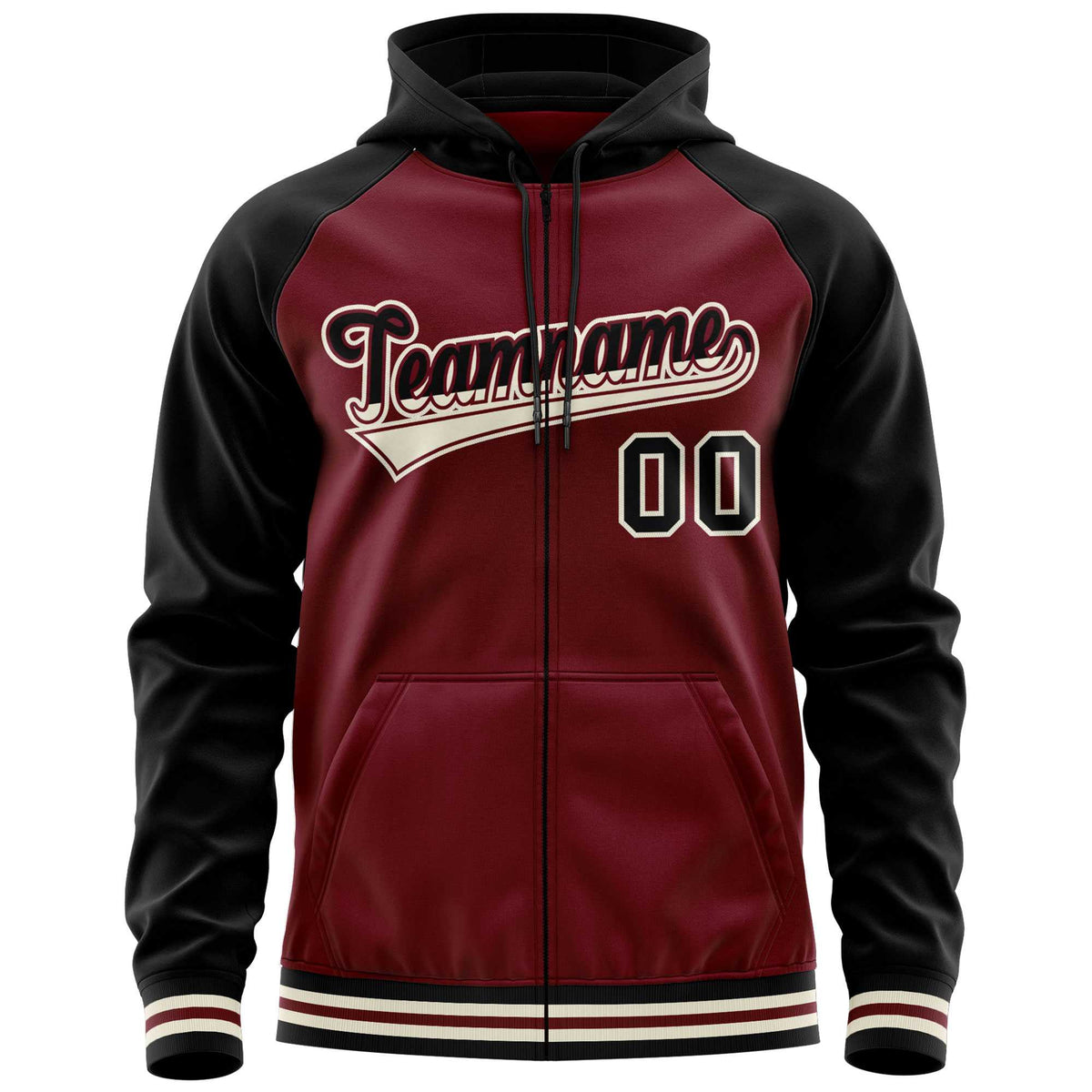 Custom Stitched Crimson Black Raglan Sleeves Sports Full-Zip Sweatshirt Hoodie| KXKSHOP