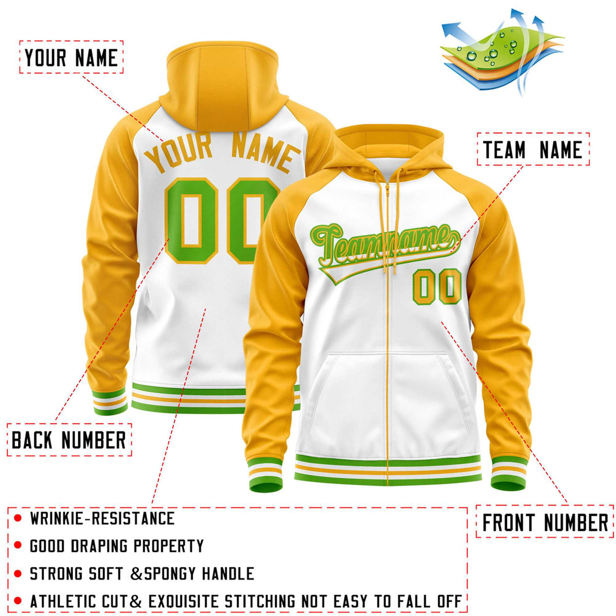 Custom Stitched White Yellow Raglan Sleeves Sports Full-Zip Sweatshirt Hoodie| KXKSHOP
