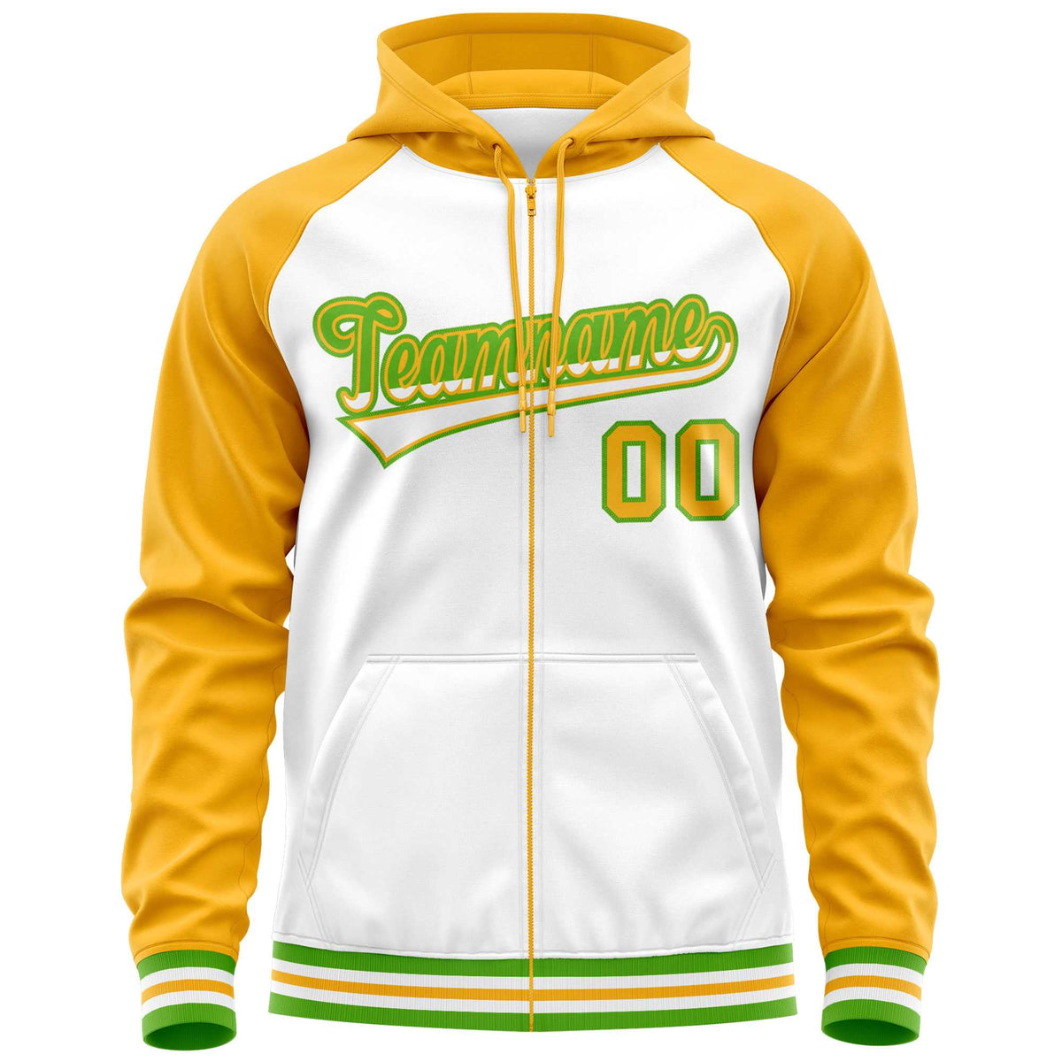 Custom Stitched White Yellow Raglan Sleeves Sports Full-Zip Sweatshirt Hoodie| KXKSHOP