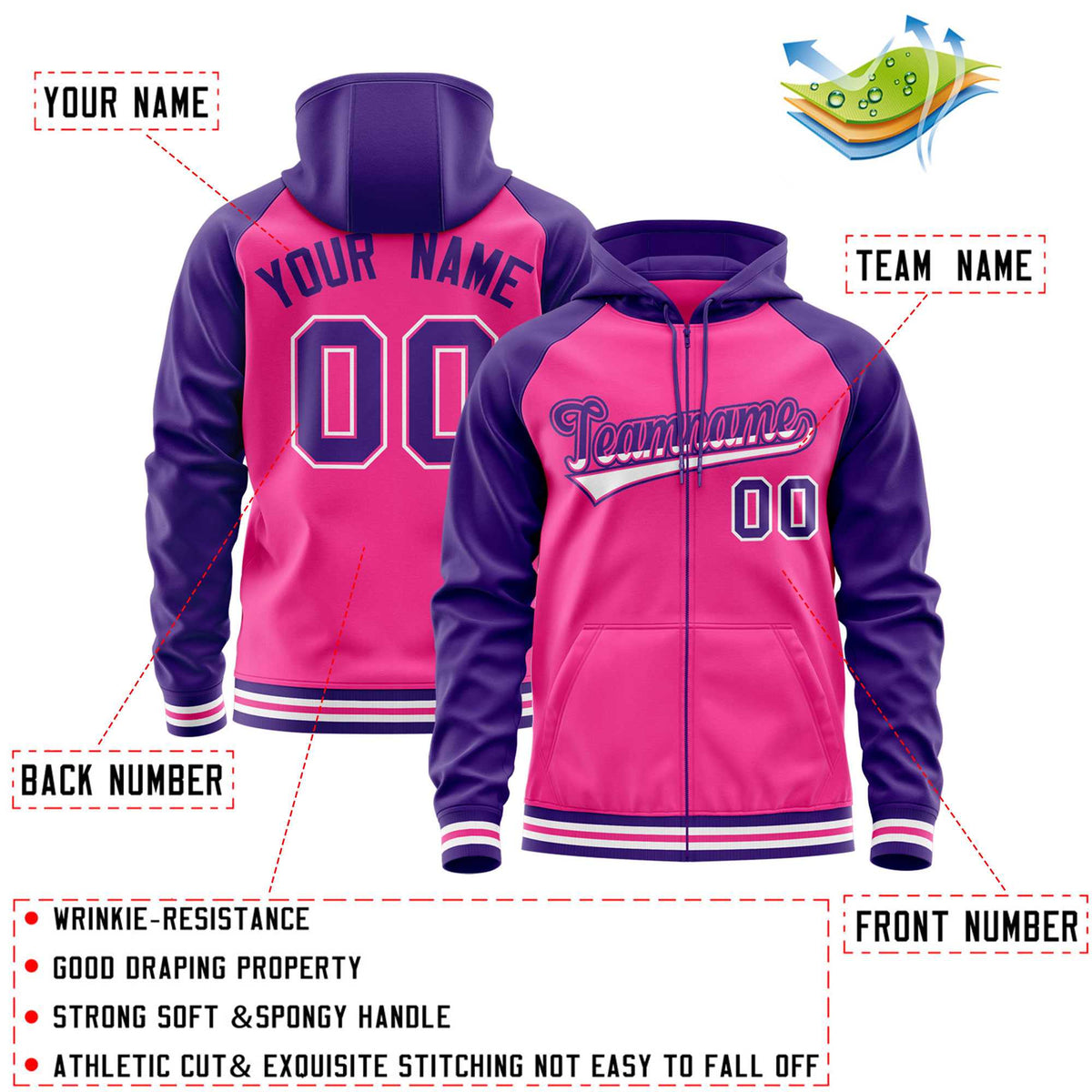 Custom Stitched Pink Purple Raglan Sleeves Sports Full-Zip Sweatshirt Hoodie| KXKSHOP