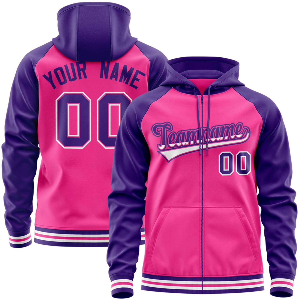Custom Stitched Pink Purple Raglan Sleeves Sports Full-Zip Sweatshirt Hoodie| KXKSHOP