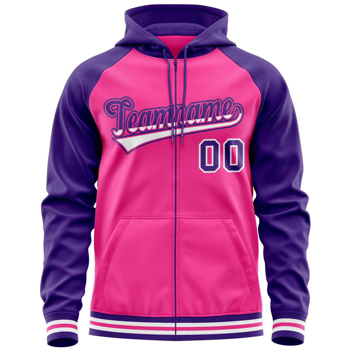 Custom Stitched Pink Purple Raglan Sleeves Sports Full-Zip Sweatshirt Hoodie| KXKSHOP