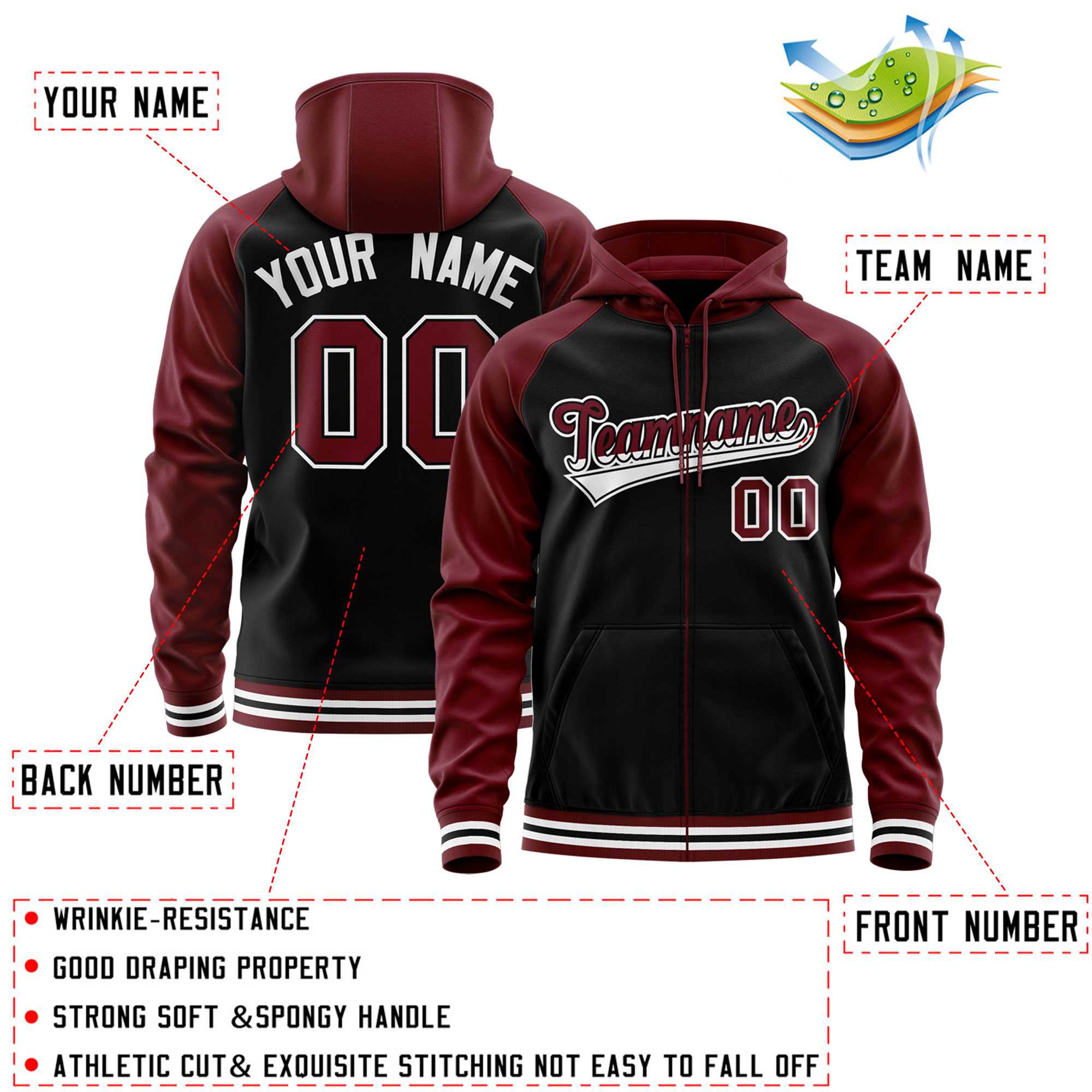 Custom Stitched Black Crimson Raglan Sleeves Sports Full-Zip Sweatshirt Hoodie| KXKSHOP