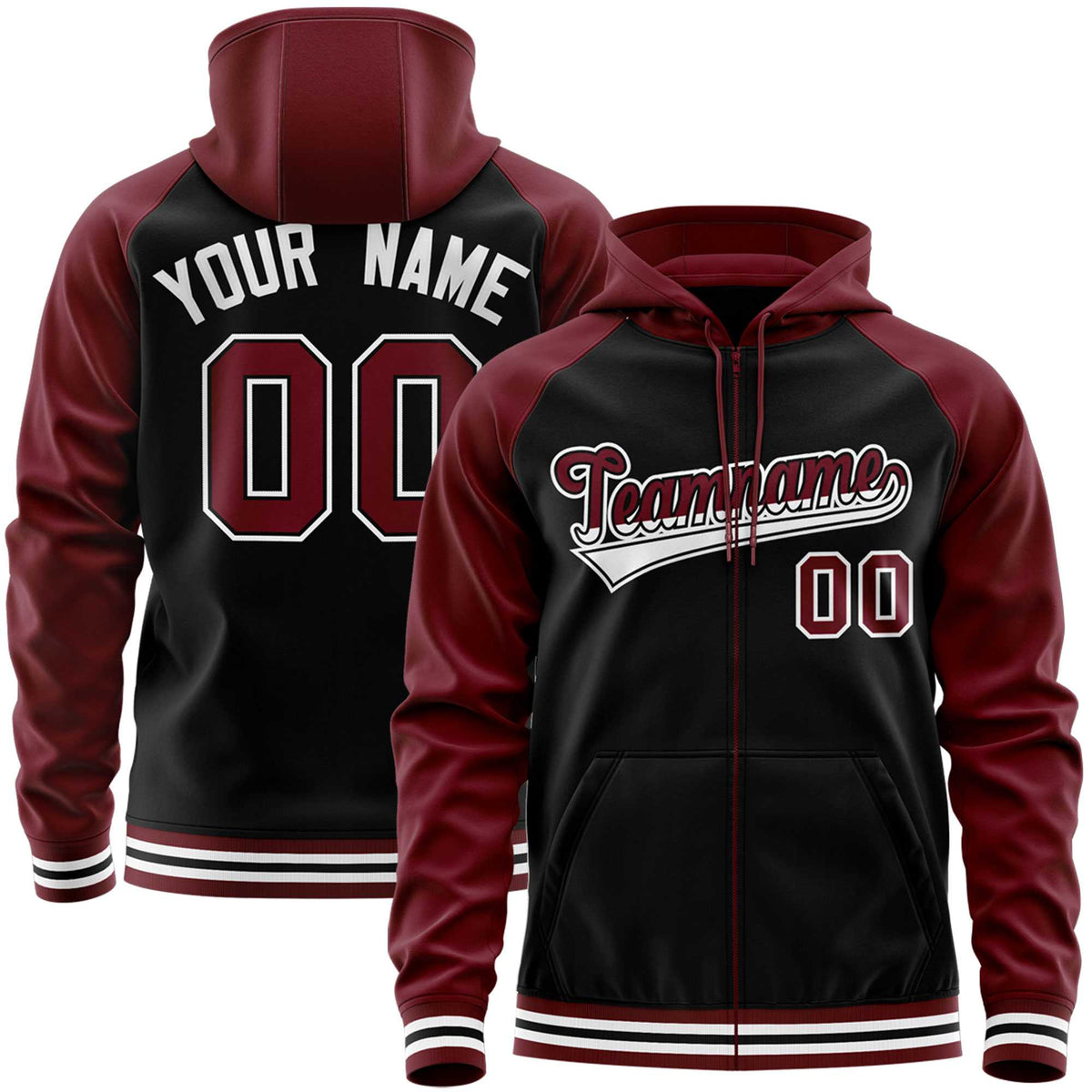 Custom Stitched Black Crimson Raglan Sleeves Sports Full-Zip Sweatshirt Hoodie| KXKSHOP