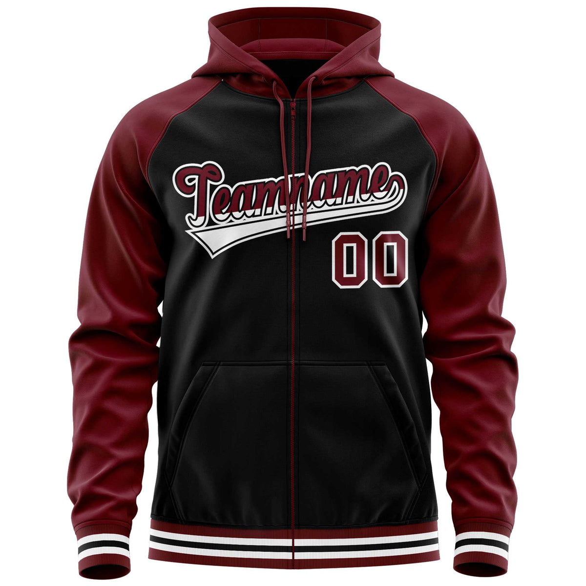 Custom Stitched Black Crimson Raglan Sleeves Sports Full-Zip Sweatshirt Hoodie| KXKSHOP