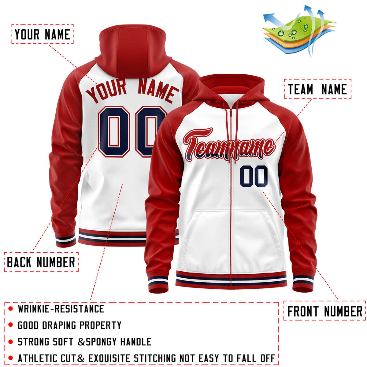 Custom Stitched White Red Raglan Sleeves Sports Full-Zip Sweatshirt Hoodie| KXKSHOP