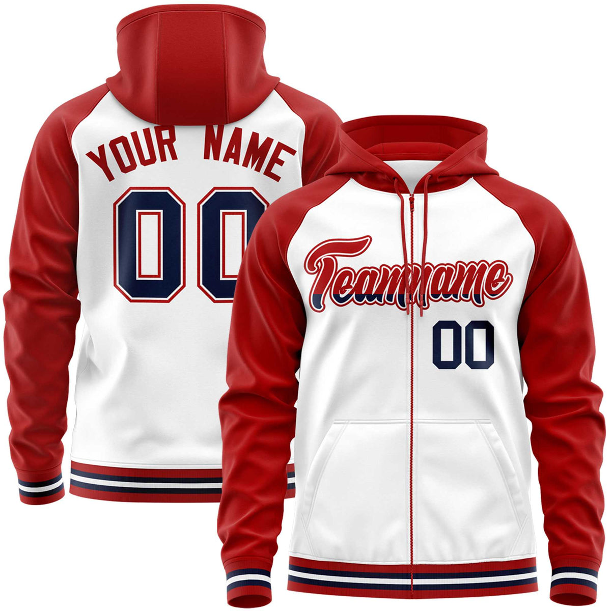 Custom Stitched White Red Raglan Sleeves Sports Full-Zip Sweatshirt Hoodie| KXKSHOP