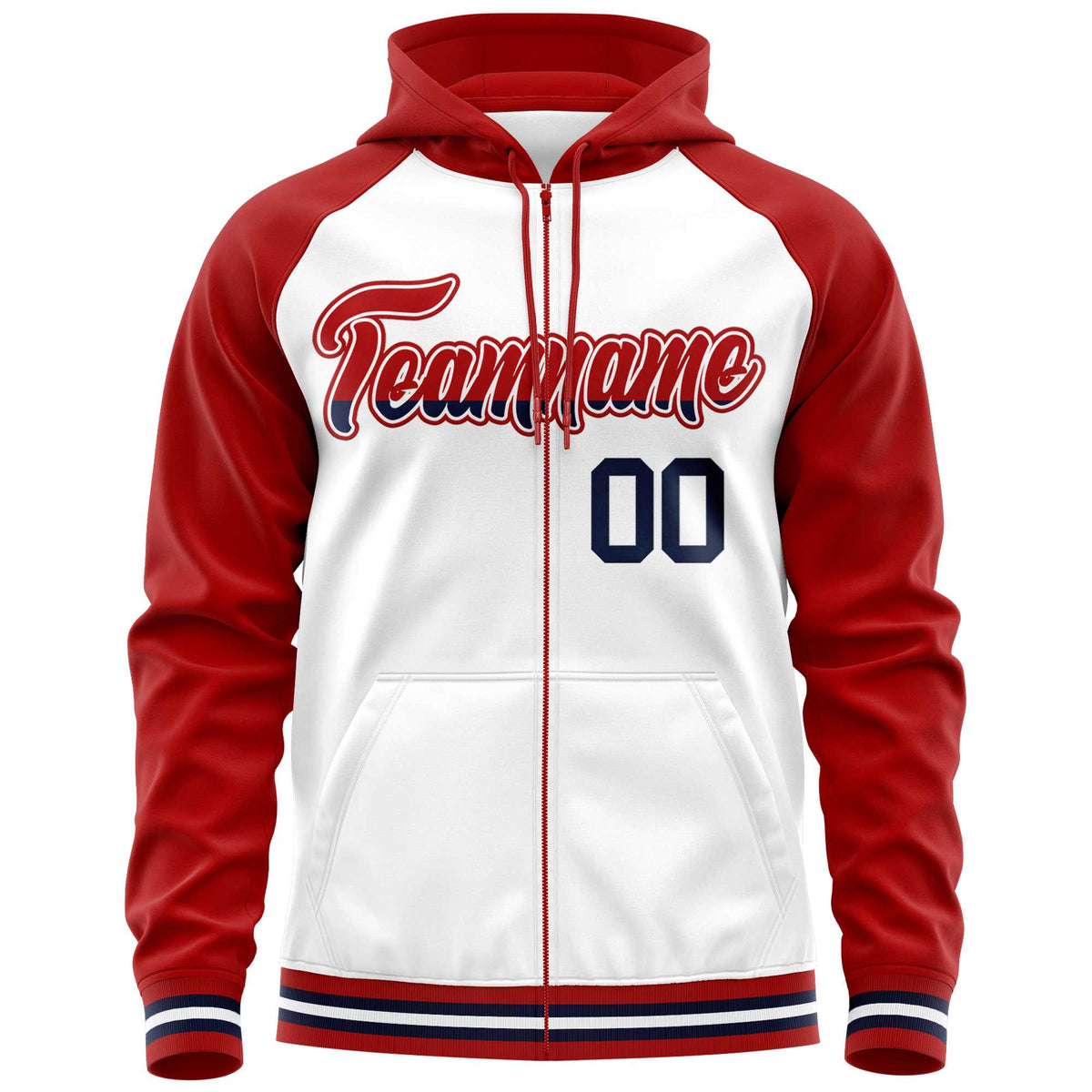 Custom Stitched White Red Raglan Sleeves Sports Full-Zip Sweatshirt Hoodie| KXKSHOP