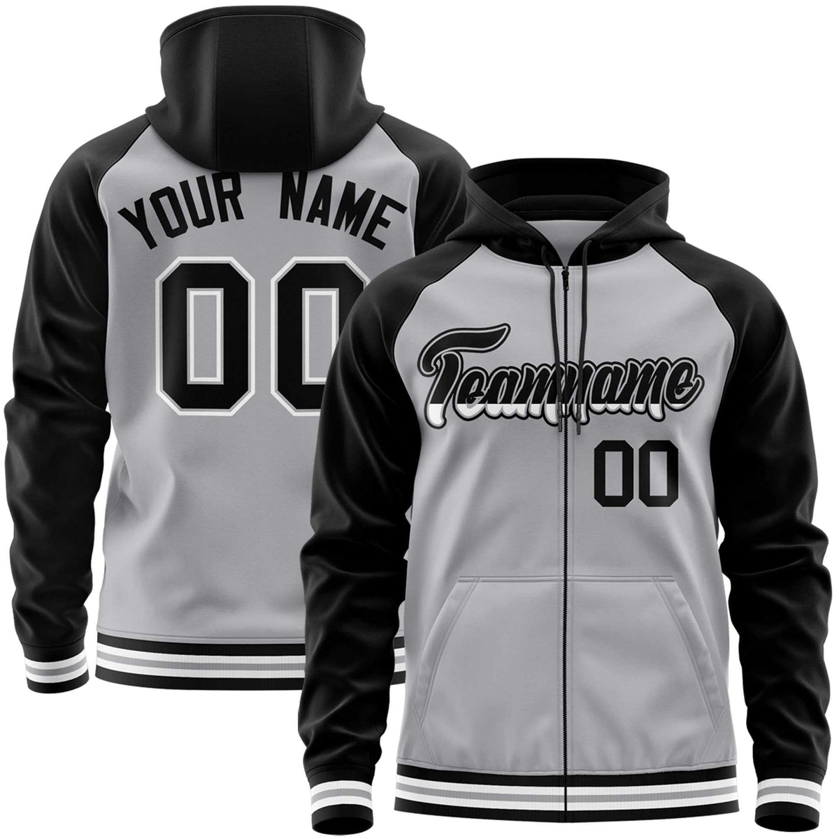 Custom Stitched Gray Black Raglan Sleeves Sports Full-Zip Sweatshirt Hoodie| KXKSHOP