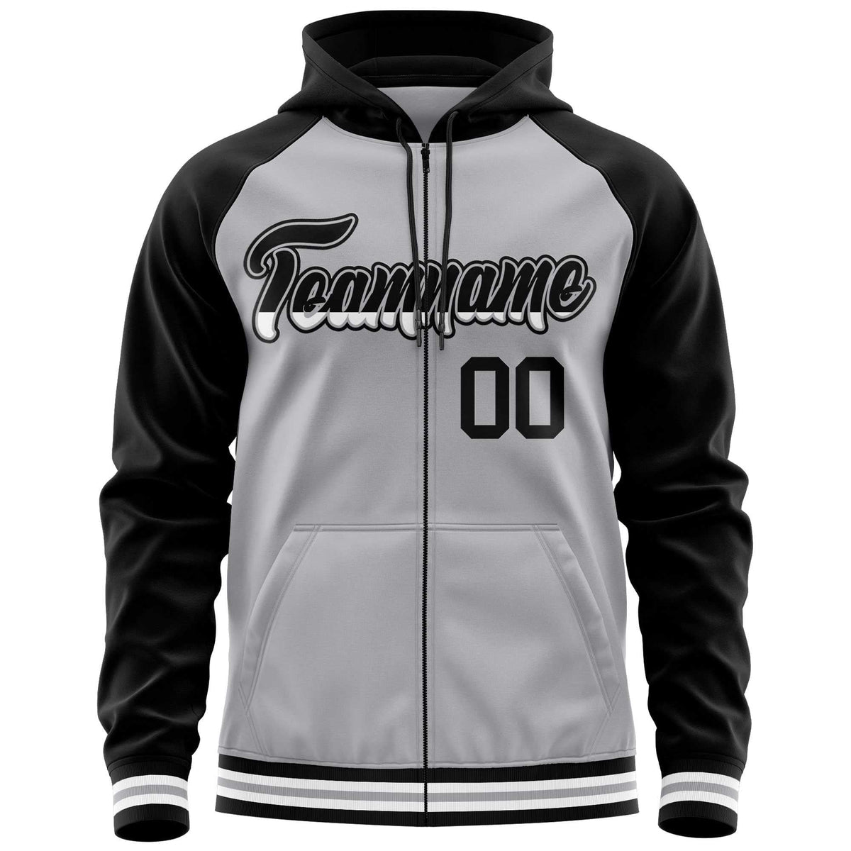 Custom Stitched Gray Black Raglan Sleeves Sports Full-Zip Sweatshirt Hoodie| KXKSHOP