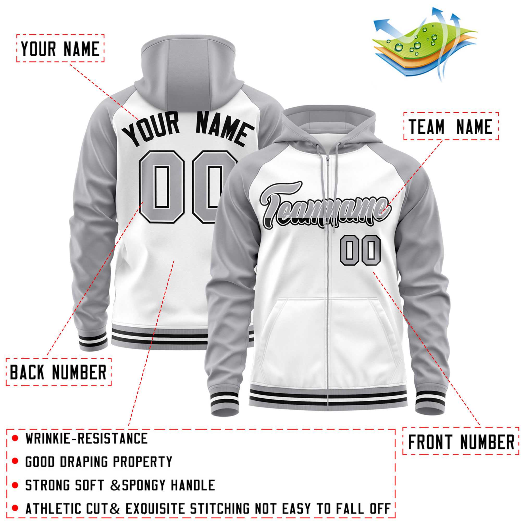 Custom Stitched White Light Gray Raglan Sleeves Sports Full-Zip Sweatshirt Hoodie| KXKSHOP
