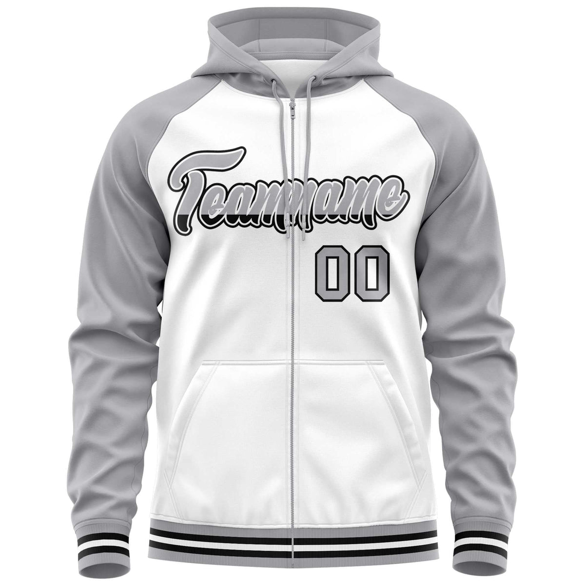 Custom Stitched White Light Gray Raglan Sleeves Sports Full-Zip Sweatshirt Hoodie| KXKSHOP