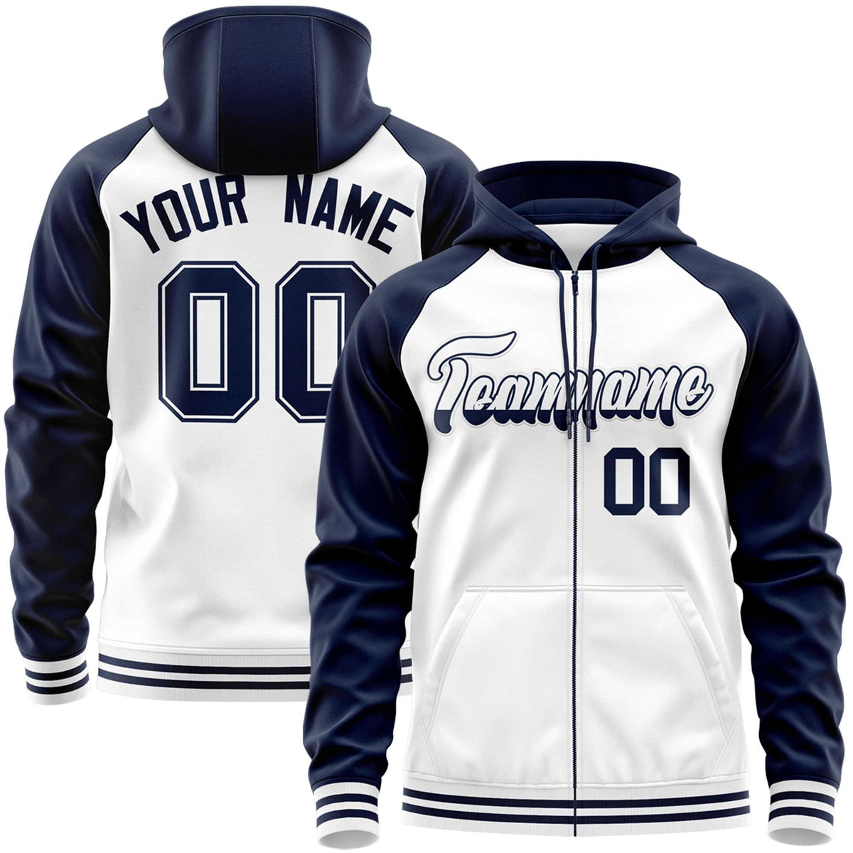 Custom Stitched White Navy Raglan Sleeves Sports Full-Zip Sweatshirt Hoodie| KXKSHOP
