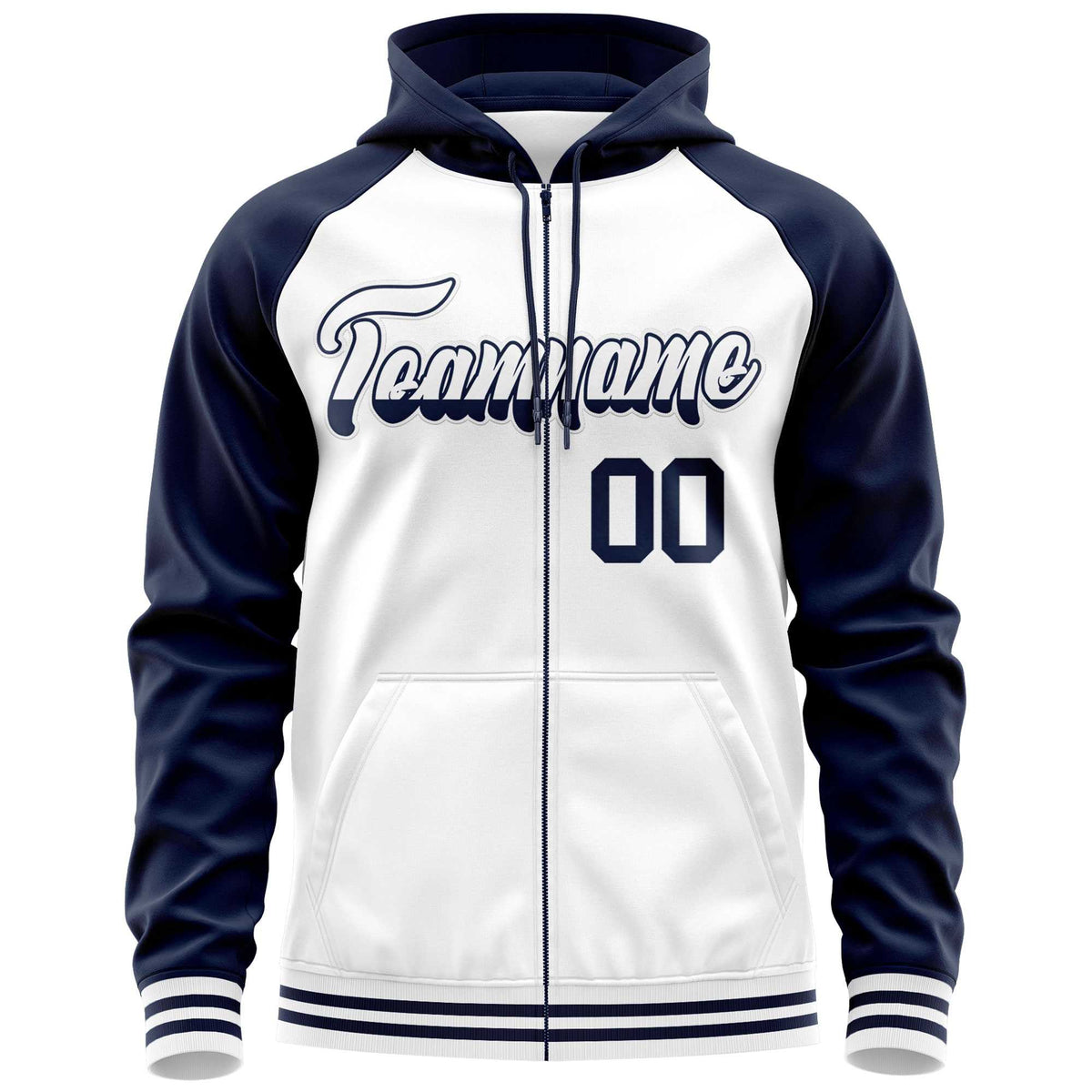 Custom Stitched White Navy Raglan Sleeves Sports Full-Zip Sweatshirt Hoodie| KXKSHOP