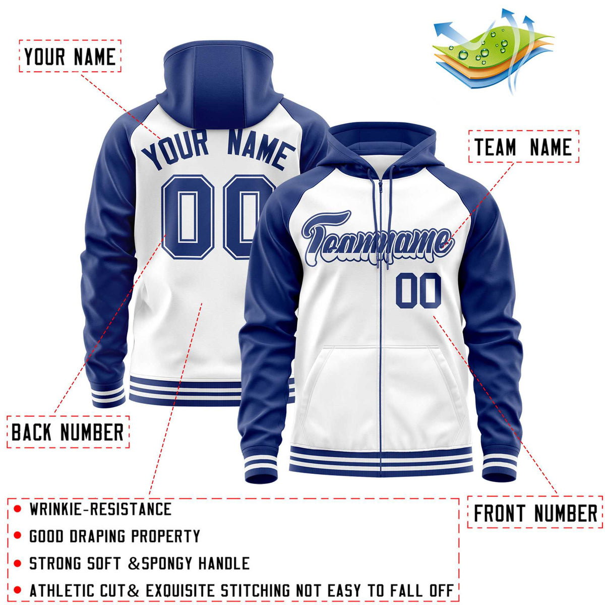 Custom Stitched White Royal Raglan Sleeves Sports Full-Zip Sweatshirt Hoodie| KXKSHOP
