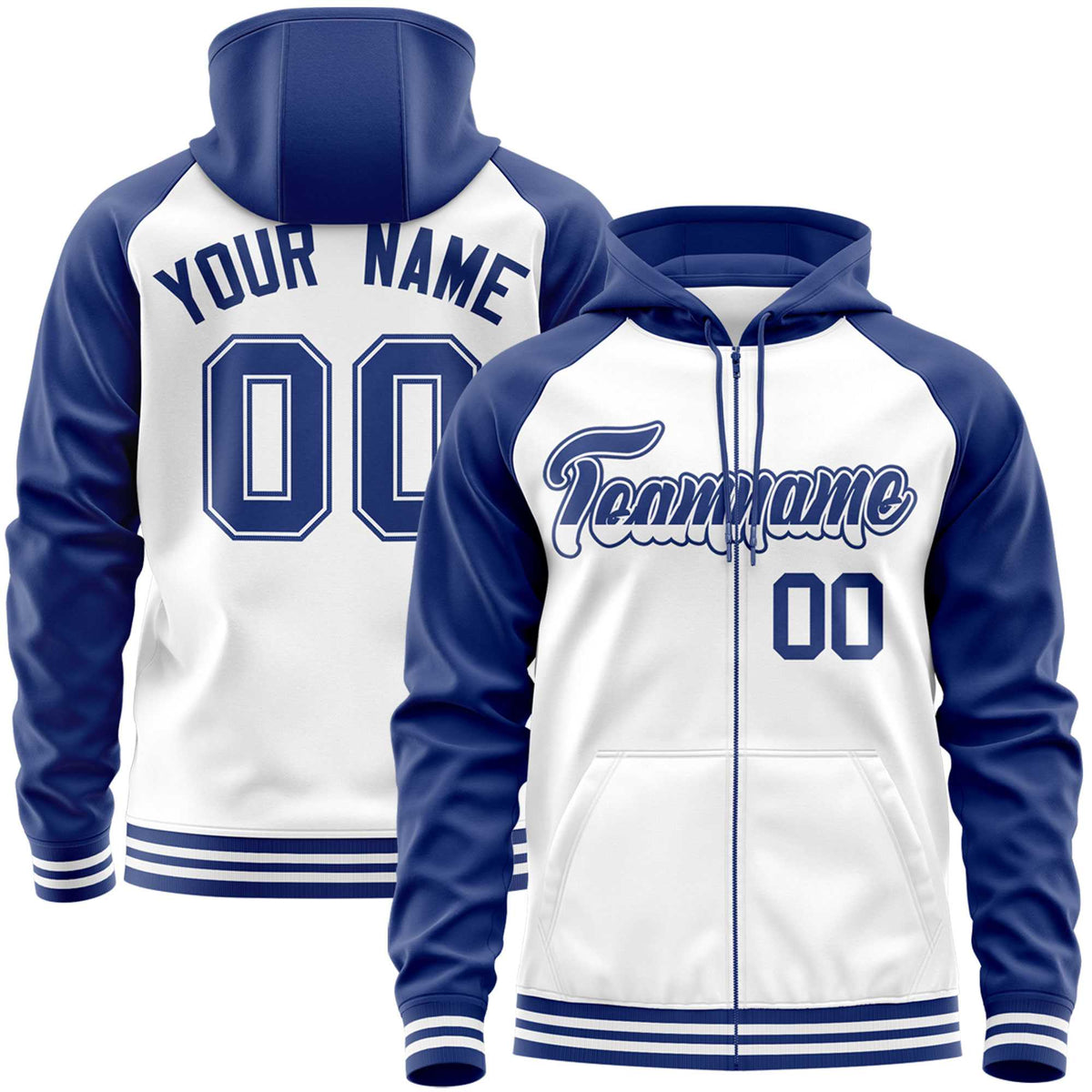 Custom Stitched White Royal Raglan Sleeves Sports Full-Zip Sweatshirt Hoodie| KXKSHOP