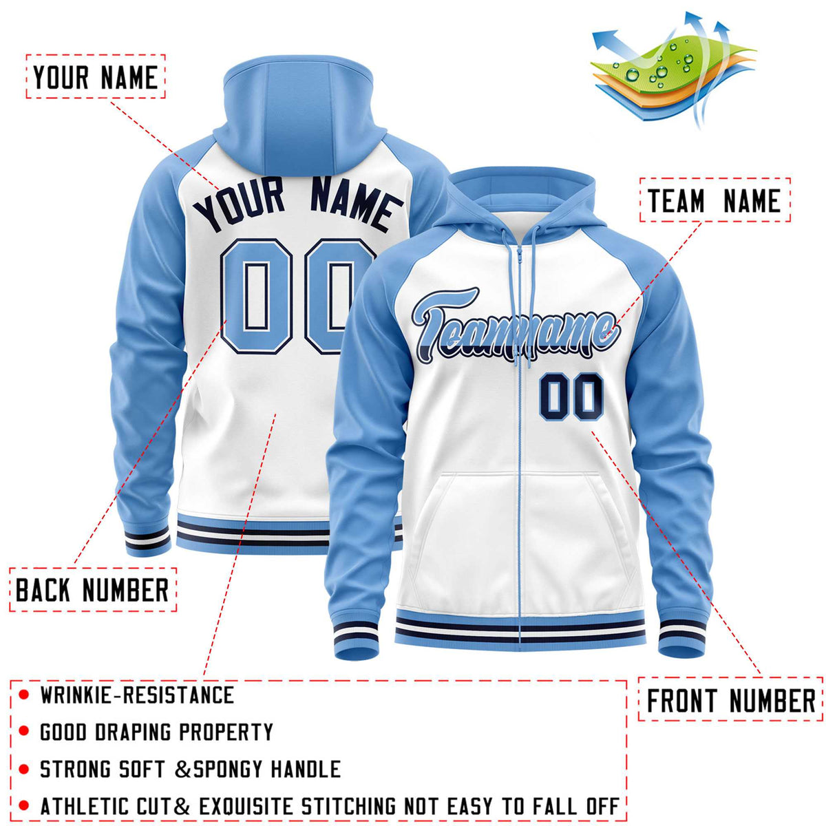 Custom Stitched White Powder Blue Raglan Sleeves Sports Full-Zip Sweatshirt Hoodie| KXKSHOP