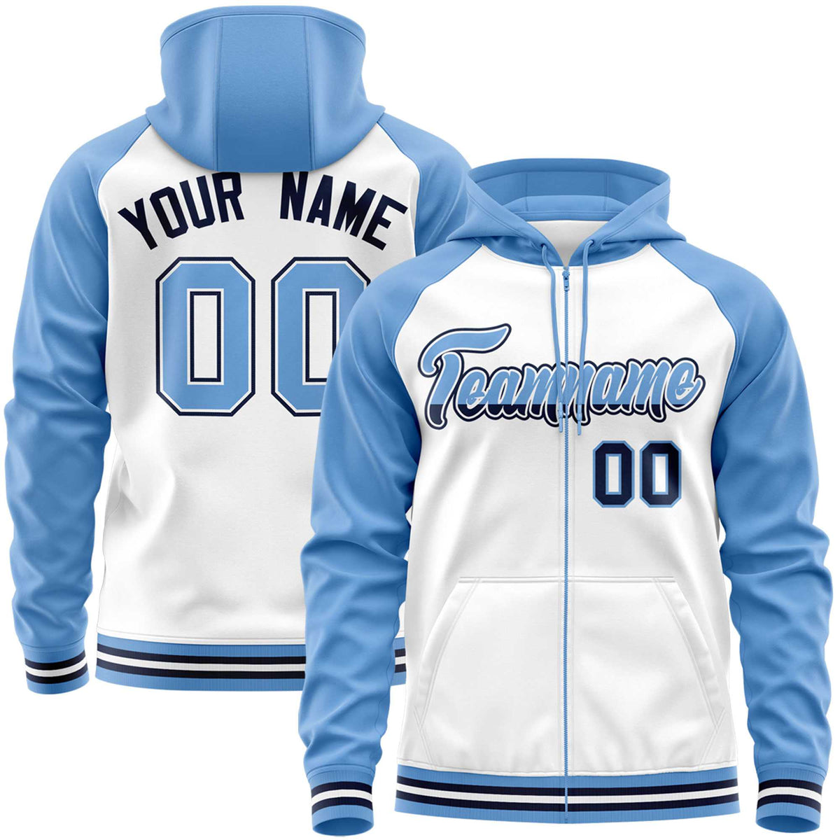 Custom Stitched White Powder Blue Raglan Sleeves Sports Full-Zip Sweatshirt Hoodie| KXKSHOP