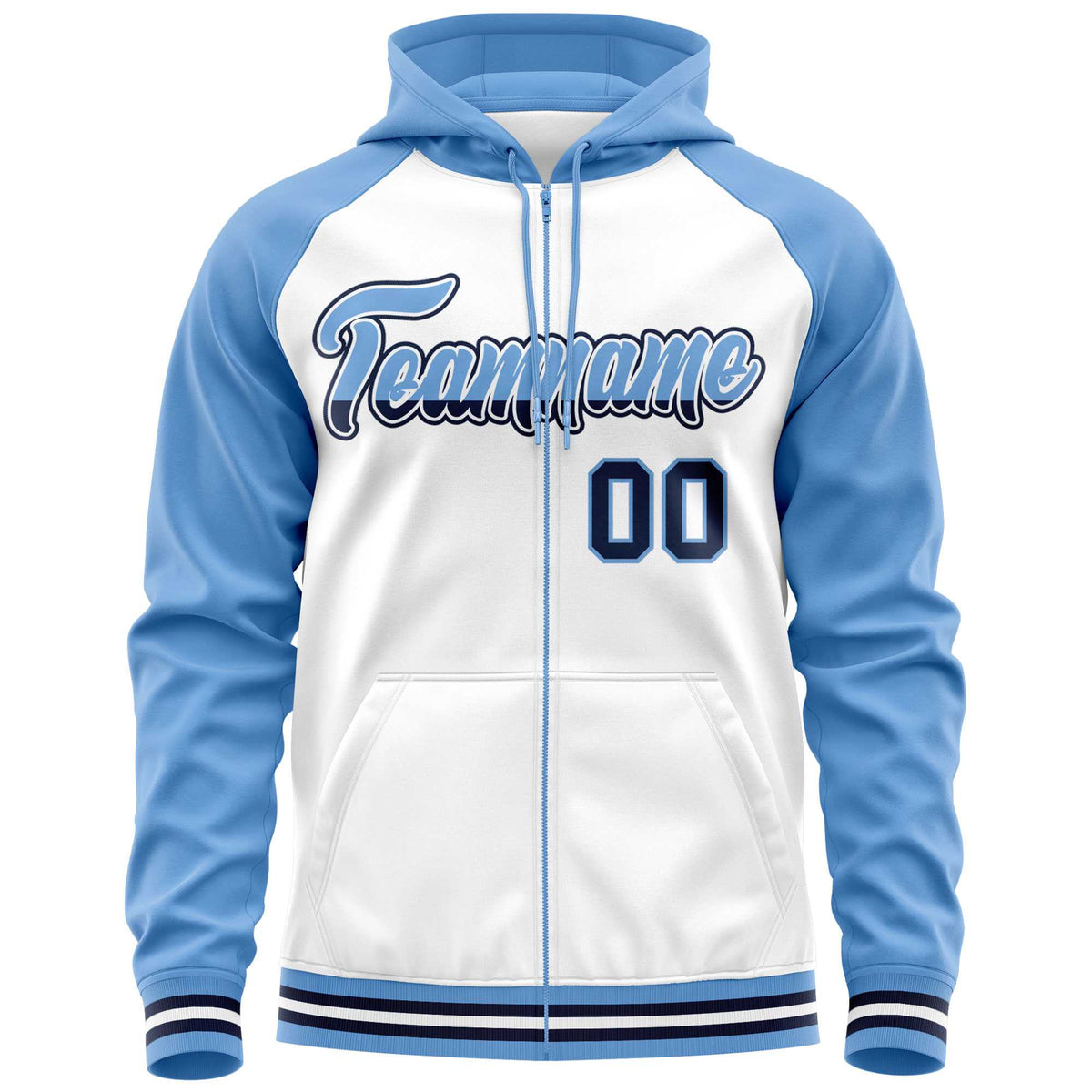 Custom Stitched White Powder Blue Raglan Sleeves Sports Full-Zip Sweatshirt Hoodie| KXKSHOP