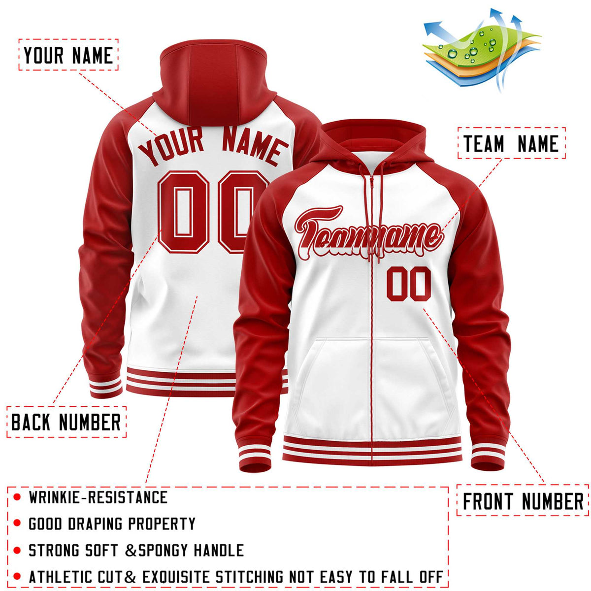 Custom Stitched White Red Raglan Sleeves Sports Full-Zip Sweatshirt Hoodie| KXKSHOP
