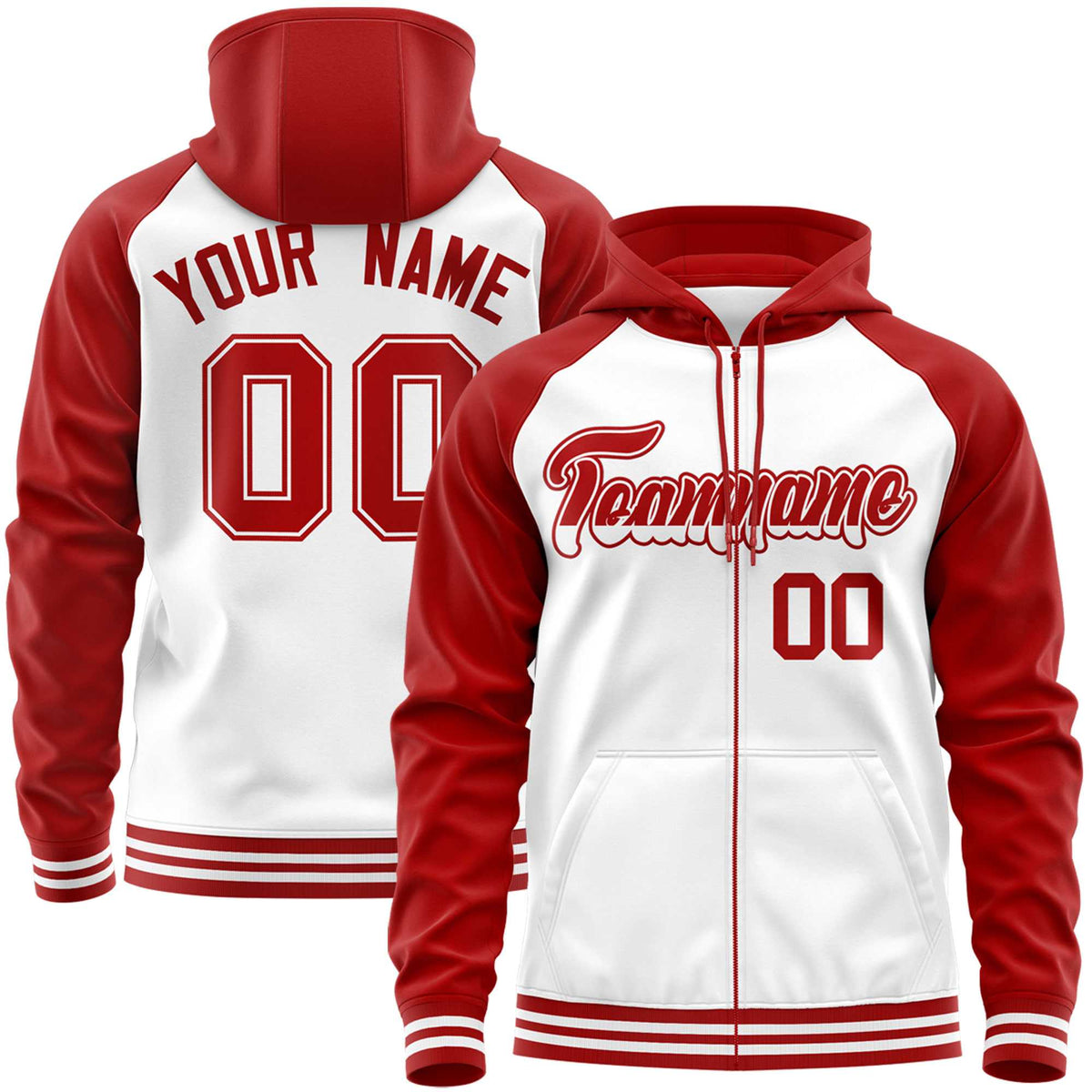 Custom Stitched White Red Raglan Sleeves Sports Full-Zip Sweatshirt Hoodie| KXKSHOP